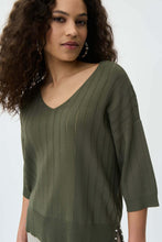Load image into Gallery viewer, Joseph Ribkoff V Neck Stripe Khaki Top Size M (14/16)