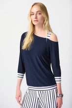 Load image into Gallery viewer, Joseph Ribkoff - Striped Dropped Shoulder Navy Top Size 16
