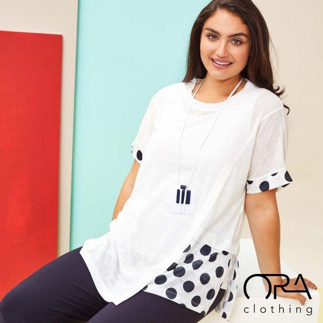 Ora Clothing - White T-Shirt With Polka Dot Trim