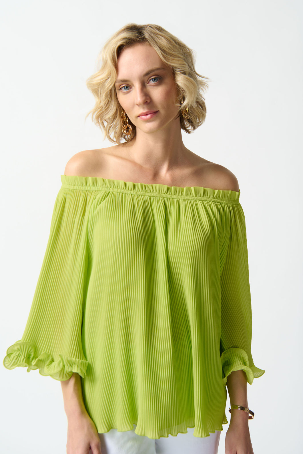 Joseph Ribkoff - Lime Green Pleated Off Shoulder Blouse