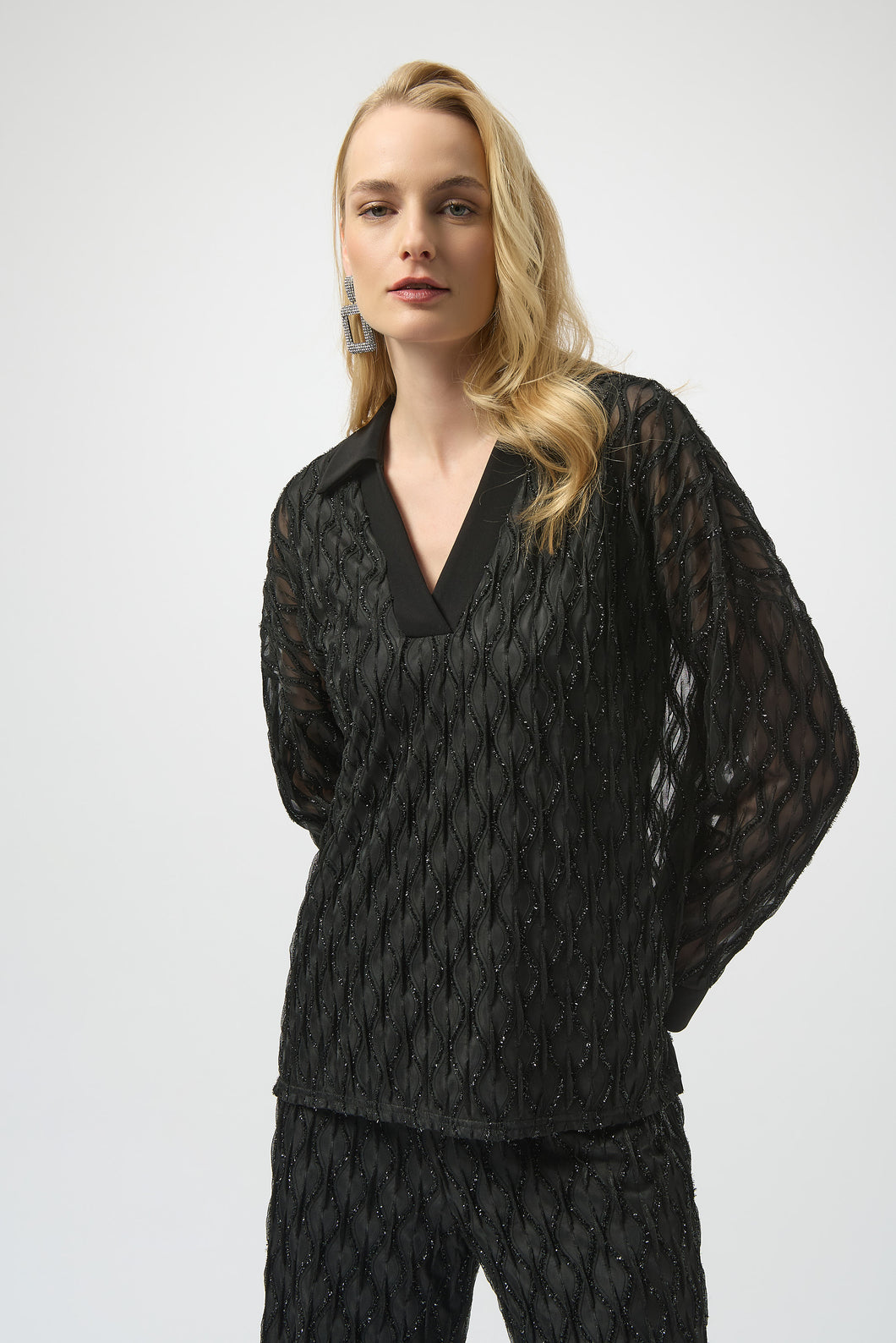 Textured V-Neck Black Blouse