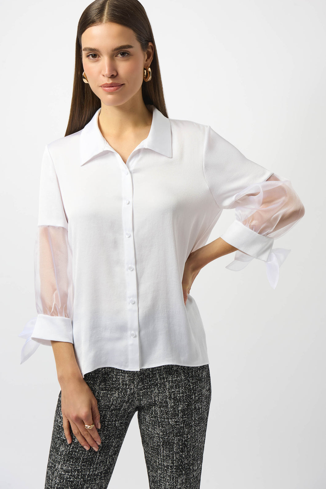 Buttoned White Mesh Sleeve Shirt