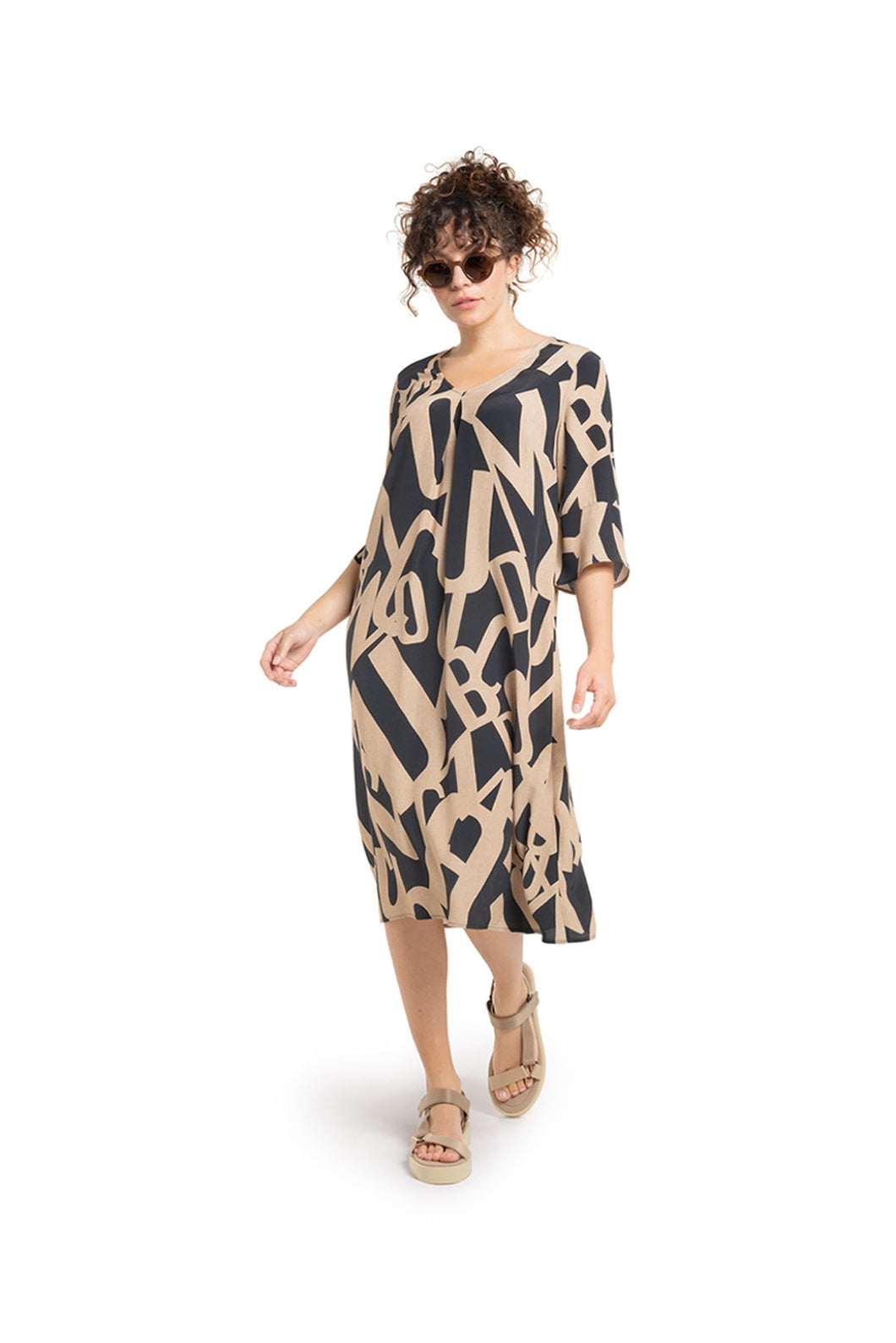 Doris Streich Beige & Black Pattern Mid Length Dress